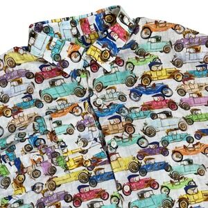 Michael's Men L Linen Shirt Vintage Car Print Made in Morocco Italian Fabric NEW